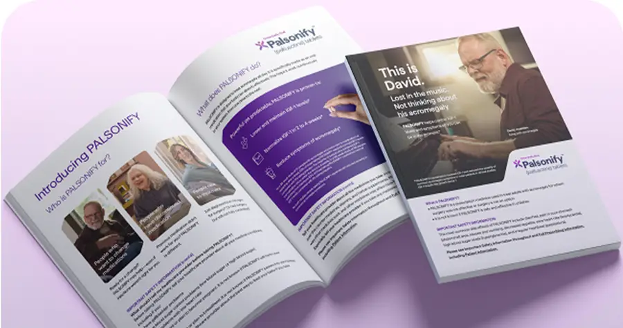 Open brochure displaying acromegaly patients.