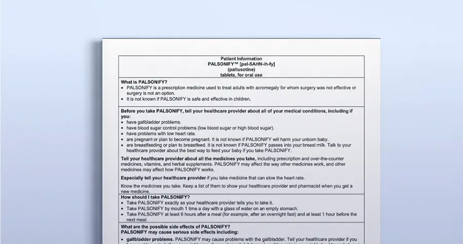 Close-up of a printed medical information sheet for Palsonify.